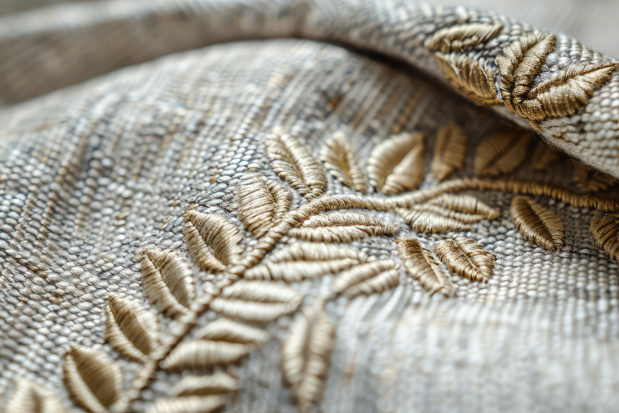 Close-up of premium embroidery on linen with textured stitches